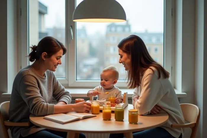 Couple de jeunes parents gérant le repas de leur bébé glouton à table avec livres et petits pots de nourriture