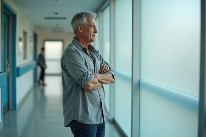 Homme aux cheveux poivre et sel dans un couloir d'hôpital, symbolisant le parcours difficile d'un patient atteint de maladie auto-immune