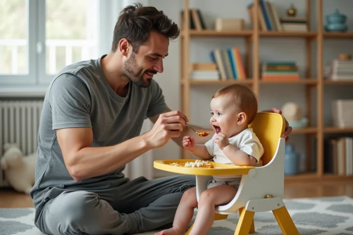 Père donnant de la purée à son bébé affamé dans une chambre de bébé colorée, moment de complicité parentale