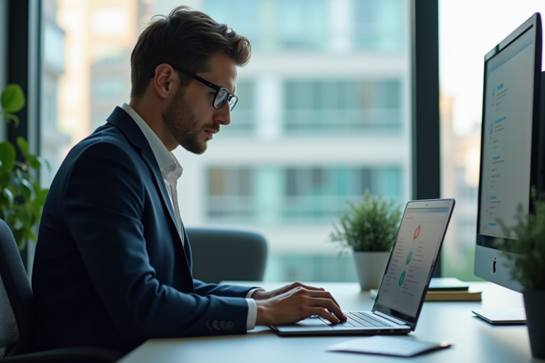 Personne en costume se connectant à des services en ligne sur un ordinateur portable