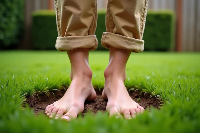 Personne pieds nus sur une pelouse verte soignée dans un jardin résidentiel