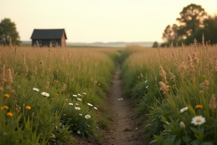 Prairie sauvage avec sentier herbeux menant vers une ferme rurale en arrière-plan