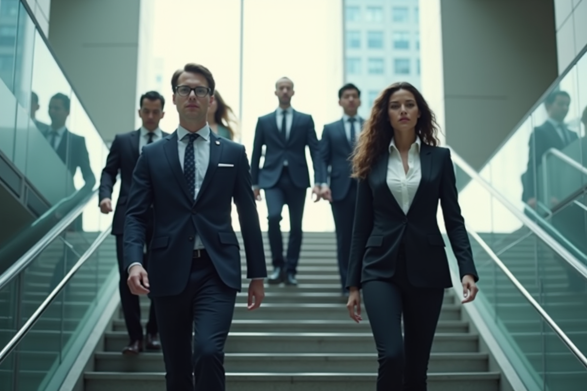 Groupe de professionnels montant un escalier lumineux