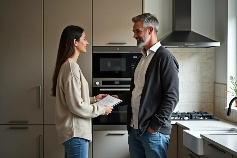 Proprietaire remettant un document à une locataire dans une cuisine moderne