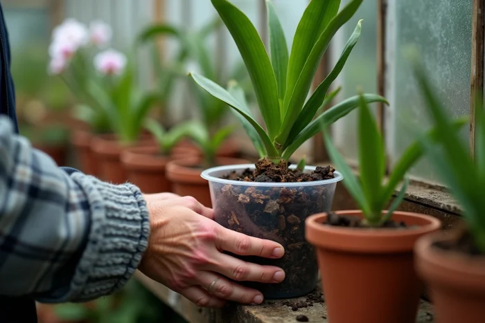 Mains d'un homme rempotant une orchidée sans feuilles dans un pot transparent en serre