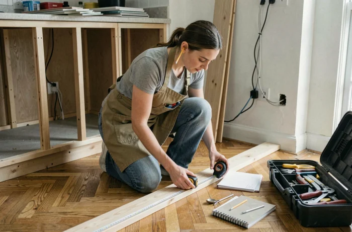 Femme mesurant des lames de parquet pendant des travaux de rénovation de cuisine avec des outils et échantillons de carrelage autour d'elle