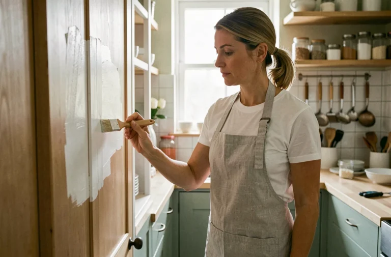 Femme repeignant un meuble de cuisine en blanc avec un pinceau, astuce rénovation maison facile