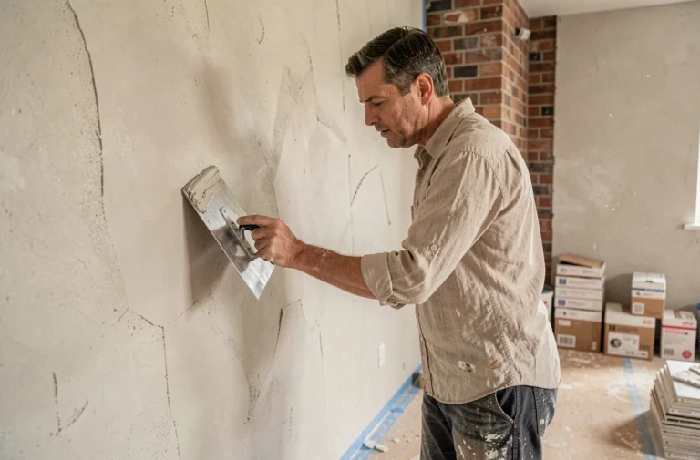 Homme appliquant un enduit de lissage sur un mur en cours de rénovation avec une taloche en inox dans un salon en travaux