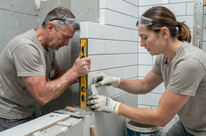 Deux personnes posant du carrelage en métro blanc sur un mur de salle de bain en rénovation en vérifiant l'aplomb avec un niveau à bulle