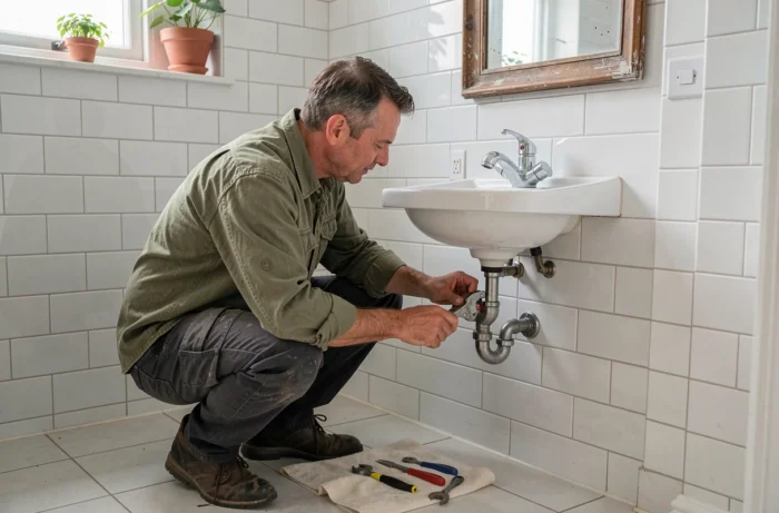 Homme effectuant la réparation d'un robinet de salle de bain, entretien et bricolage maison pratique