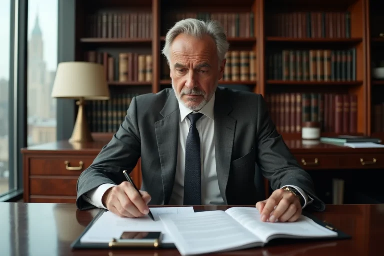 Portrait d'un homme d'affaires distingué examinant des documents financiers dans un bureau exécutif luxueux, illustrant la fortune et le patrimoine de Roger Erhart en 2024