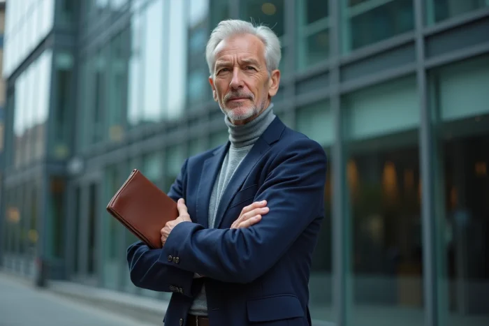 Homme d'affaires confiant devant un immeuble de bureaux moderne symbolisant la réussite financière et le patrimoine immobilier de Roger Erhart