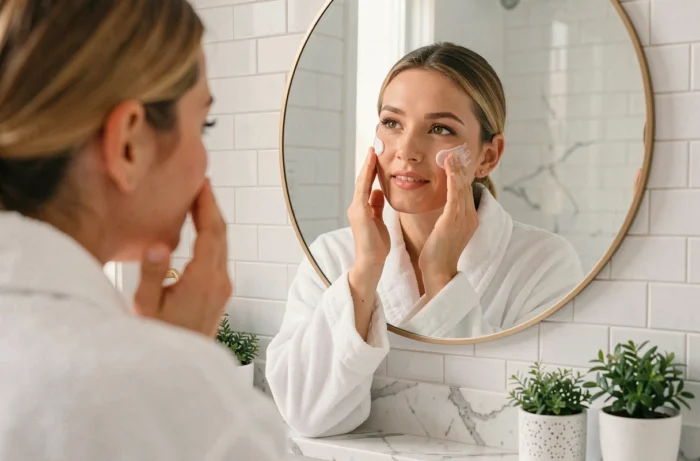 Femme appliquant de la crème hydratante devant un miroir dans une salle de bain moderne pour sa routine beauté quotidienne