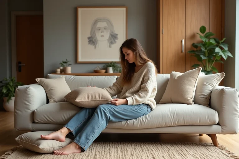 Jeune femme arrangeant des coussins dans un salon chaleureux