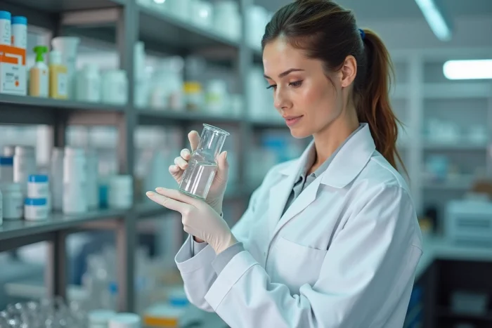 Femme scientifique en laboratoire inspectant un bécher