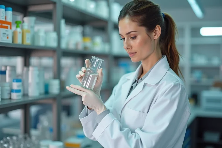 Femme scientifique en laboratoire inspectant un bécher