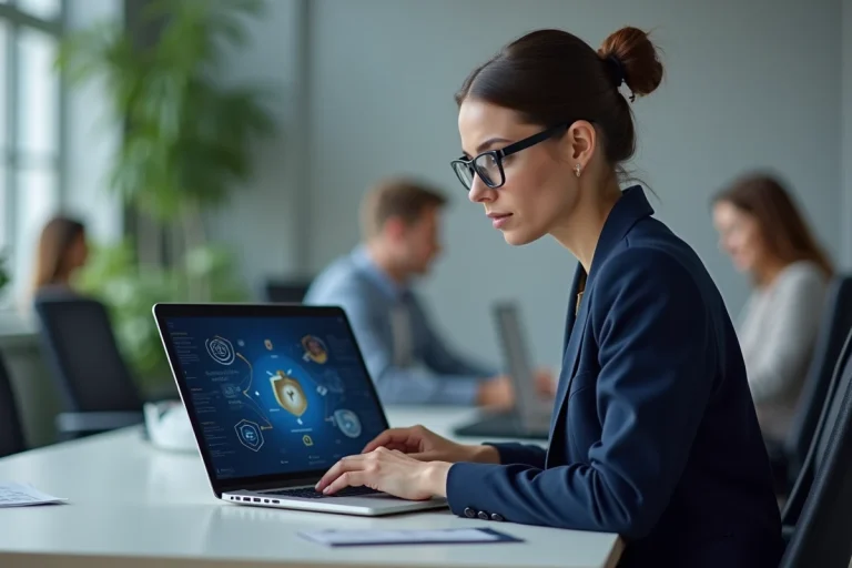 Femme professionnelle analysant la sécurité en ligne et des éléments de logo sur un écran d'ordinateur portable dans un bureau moderne