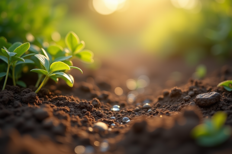 Sol de jardin au matin avec traces d'animaux et rosée