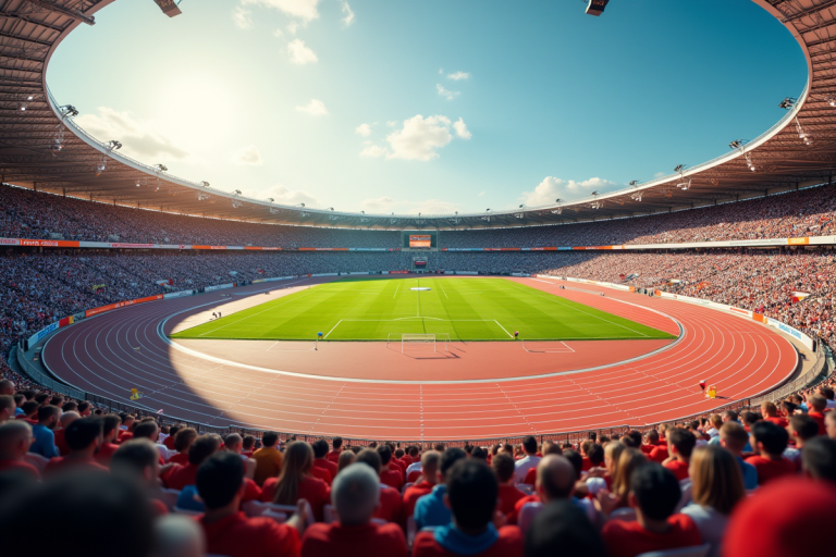 Stade rempli de spectateurs lors d'une compétition d'athlétisme en plein jour