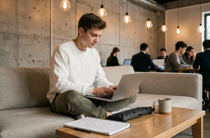 Jeune professionnel en télétravail utilisant un ordinateur portable et des outils bureautiques dans un espace de coworking moderne