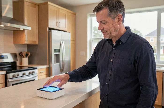 Homme interagissant avec un assistant domotique intelligent dans une cuisine moderne connectée