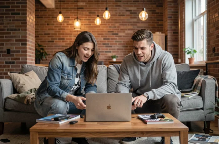 Deux jeunes professionnels testant un laptop gaming portable dans un appartement loft urbain tendance