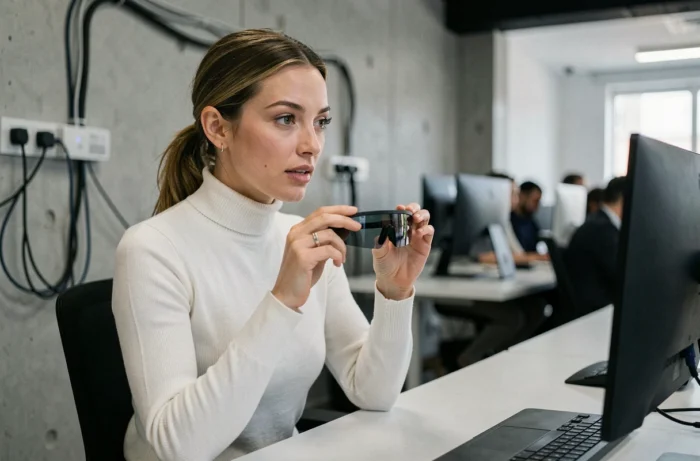 Femme explorant des lunettes de réalité augmentée dans un espace de travail moderne high-tech
