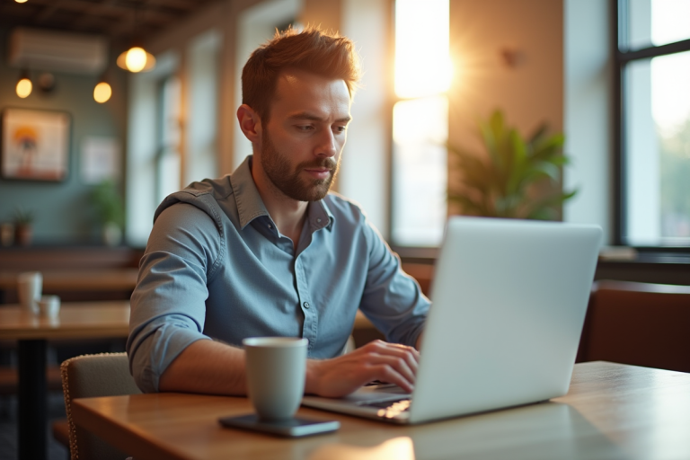 Agent public travaillant dans un café lumineux avec ordinateur