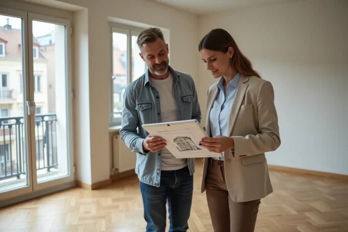 Couple visitant un appartement vide avec une tablette affichant des documents immobiliers d'une agence en ligne
