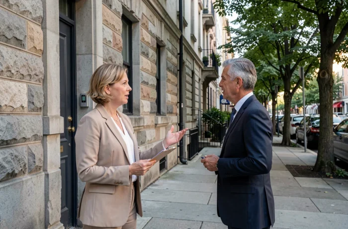 Femme investisseur visitant un immeuble résidentiel avec un agent immobilier pour un premier achat locatif