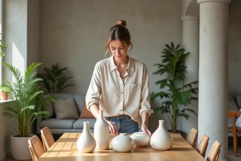Femme arrangeant des vases en céramique dans un salon lumineux
