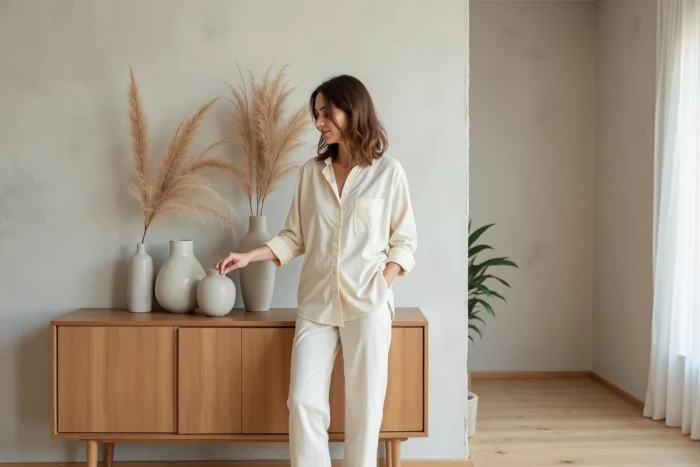 Femme arrangeant vases en céramique dans un salon lumineux