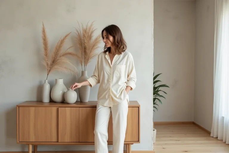 Femme arrangeant vases en céramique dans un salon lumineux