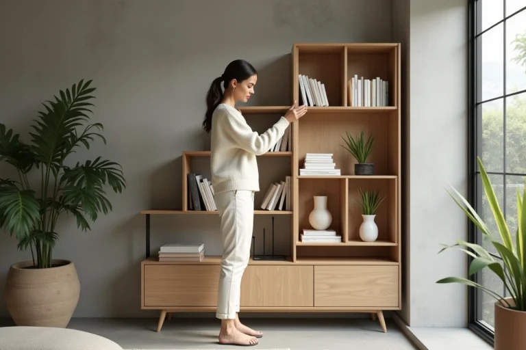 Femme arrangeant des étagères en bois dans un salon moderne